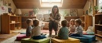 Middle-aged Caucasian female teacher reading story to diverse group of young children sitting on colorful cushions in bright wooden classroom library corner.