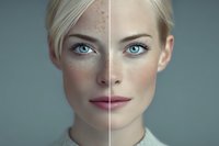 Young blonde woman face split showing before after skin treatment comparison with freckles removal and complexion improvement for beauty skincare concept.