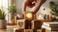 Hand placing wooden block with glowing lightbulb icon on stack, symbolizing innovation, creativity, and business growth strategy for success concepts.