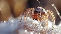 Macro close-up of jumping spider with water droplets on web, showcasing intricate details of arachnid eyes and fuzzy body in natural outdoor environment.