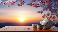 Elegant tea set with ornate teapot and cup on wooden table under blooming cherry blossom branches at golden sunset, creating peaceful spring atmosphere.