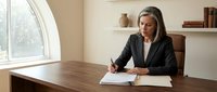 Professional mature businesswoman signing documents at wooden desk in modern office with natural lighting and minimalist decor for corporate presentations.