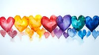 Watercolor rainbow hearts in row with smaller floating hearts beneath create romantic border pattern on white background. For valentines cards and love themes.