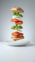 Floating caprese sandwich ingredients with mozzarella, tomato slices, fresh basil leaves and crusty bread hovering above white plate on neutral background.