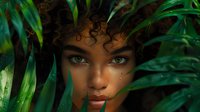 Young African American woman with natural curly hair surrounded by lush green tropical leaves, looking directly at camera with intense gaze and glowing skin.
