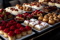 Assorted gourmet pastries and desserts displayed on white plates, featuring red rose-topped cakes, powdered donuts, chocolate confections, and fresh berries for bakery, catering, or culinary content.