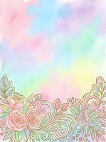 Pastel watercolor background with floral border of roses and leaves in soft pink, mint and gold tones, perfect for cards and invitations.