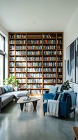 Modern home library with floor-to-ceiling wooden bookshelf filled with books, blue armchair and gray sofa in bright reading room with concrete floors.