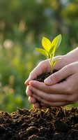 Hands holding young seedling with soil against blurred green garden background. Concept for environmental conservation, sustainable agriculture, gardening, and eco-friendly growth initiatives.
