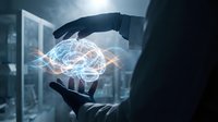 Businessman in dark suit holding glowing digital brain hologram representing artificial intelligence, machine learning, and neural network technology for innovation and future business solutions.