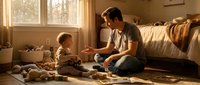 Father and toddler son playing together on bedroom floor in warm morning sunlight, bonding moment between parent and child at home.