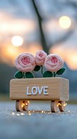 Romantic composition with pink crochet roses on wooden plank with love text, fairy lights creating bokeh effect in sunset background. Perfect for Valentine's cards.