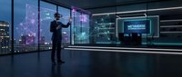 Businessman using virtual reality headset in futuristic office with holographic displays and metaverse interface technology for immersive digital experience.
