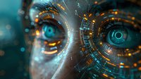 Futuristic close up of glowing cyan eyes with digital circular interface overlay and orange technological elements against dark background. Artificial intelligence concept.