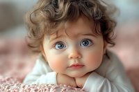 Adorable baby with bright blue eyes and curly brown hair resting chin on hands, wearing white outfit against pink textured background. Soft focus portrait.