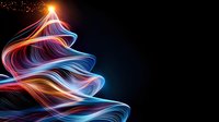 Glowing abstract Christmas tree shape created with flowing light trails in blue, orange and pink neon colors against dark background, modern festive design.