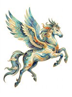 Ornate winged horse with gold and blue swirling patterns, isolated on transparent background, ready for stickers, sublimation, and print on demand.
