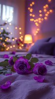 Purple roses on white bedding with romantic bokeh lights and warm lamp glow creating intimate atmosphere. Scattered petals and fairy lights add magical evening ambiance.