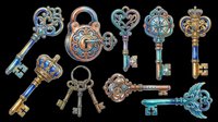 Ornate decorative keys with intricate metalwork designs isolated on transparent background. Ready for clipart, t-shirt design, stickers, print-on-demand products, and sublimation projects.