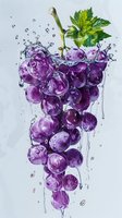 Fresh purple grapes bunch with water splashes and green leaf on light background, juicy fruit with droplets falling and splashing for food design.