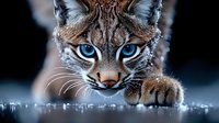 Intense close-up portrait of wild lynx with piercing blue eyes and extended paw against dark background, dramatic wildlife photography for nature publications.
