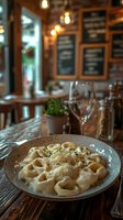 Fresh tortellini pasta in creamy white sauce topped with grated parmesan cheese on rustic plate, restaurant atmosphere with warm lighting and chalkboard menus.
