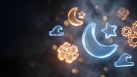 Glowing neon moon, stars, clouds and gears floating in dark space with bokeh lights, suitable for night-themed designs and digital backgrounds.