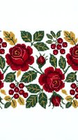 Cross stitch embroidery pattern with red roses and berries on white fabric. Traditional needlework design for crafting and textile decoration projects.