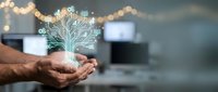 Male hand holding glowing digital tree with circuit board branches and data icons, representing technology growth, innovation, and sustainable digital transformation in modern business environment.