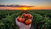 Fresh ripe tomatoes held in farmer's hand at sunset over organic vegetable garden field. Agricultural harvest concept for healthy eating and farming.