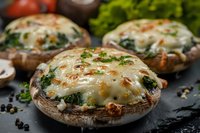 Stuffed portobello mushrooms with melted mozzarella, spinach and herbs on dark background, close up view of baked appetizer for restaurant menu.