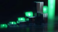 Glowing green cryptocurrency market chart visualization with ascending bars and bokeh light effects on dark background. Digital finance concept.