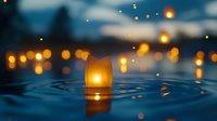 Glowing paper lantern floating on dark water surface with bokeh lights and reflections creating magical evening atmosphere. Perfect for holiday designs.