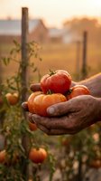 Elderly hands holding fresh ripe tomatoes in garden during golden hour sunset with farm background for organic farming and harvest concepts.