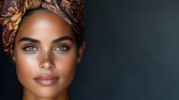 Portrait of confident young African woman wearing traditional patterned headwrap against dark background with natural makeup and glowing skin.