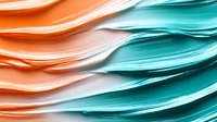 Abstract wavy layers in coral orange and turquoise colors create dynamic flowing pattern. Soft gradient transitions between curved shapes form modern minimalist background.