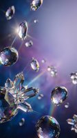 Floating crystal diamonds and spheres with rainbow light reflections on purple blue gradient background for luxury jewelry design and precious stone concepts.