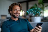 Mature Caucasian man with gray beard smiling while using smartphone on couch, with glowing network visualization floating above device showing digital connectivity.