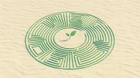 Circular green maze with small sprout plant at center on sandy beige background, representing growth, sustainability, and environmental solutions for eco-friendly design projects.