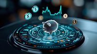 Glowing piggy bank on futuristic circular interface with floating dollar symbols and financial chart, representing digital banking and investment technology.