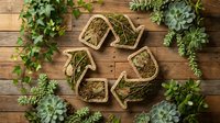 Eco-friendly recycling symbol made from natural materials surrounded by green plants on rustic wooden background promoting sustainability and environmental awareness.