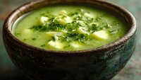 Fresh green herb soup with parsley and dill served in rustic ceramic bowl. Healthy vegetarian meal with aromatic herbs and vegetables for restaurant menu.