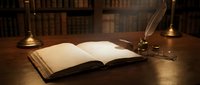 Open antique book with blank pages on wooden desk beside quill pen and inkwell in candlelit library setting with vintage atmosphere for writing projects.