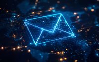 Glowing blue digital envelope icon on dark background with bokeh lights and particle effects, representing electronic communication and messaging technology.