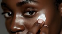 Young African woman applying moisturizer cream on dark glowing skin. Close up beauty portrait showing skincare routine and natural cosmetics application.