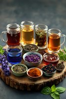 Variety of herbal teas in glass mugs with dried herbs, spices and flowers arranged on wooden board for natural wellness and healthy lifestyle.