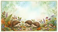 Hedgehogs foraging among wildflowers and ferns in a lush garden setting. Vintage botanical illustration with watercolor textures, ideal for nature-themed designs and children's publications.