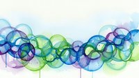 Abstract flowing wave of translucent colorful circles in blue, green and purple tones creating dynamic movement on white background for modern design.