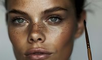 Close up portrait of young woman with natural freckles and green eyes showing fresh glowing skin and natural beauty makeup. Professional beauty photography.