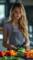 Young woman with long blonde hair wearing gray apron slices fresh vegetables in modern kitchen. Natural lighting highlights healthy cooking preparation.